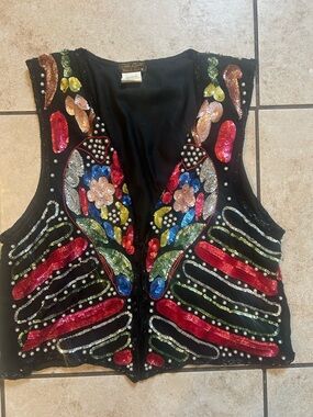 Vintage Multi Color Sequined Black Silk Vest Size medium
